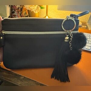 Black Wristlet with pom poms with gold hardware